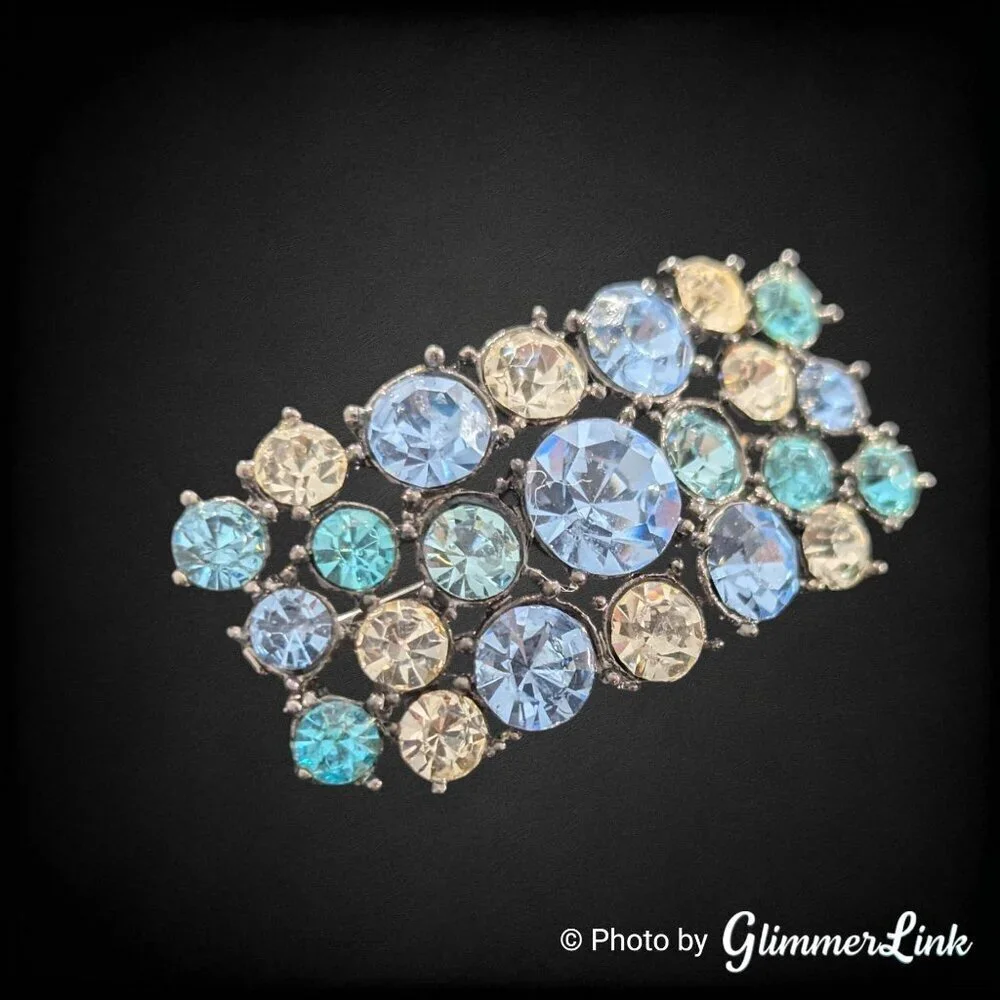 Vintage Blue Aqua Rhinestone Brooch Black Tone Pin